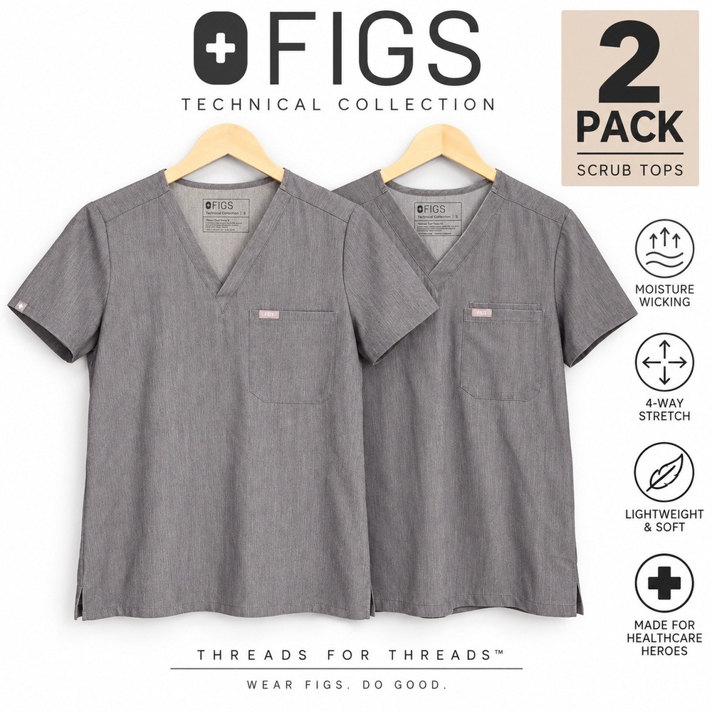 (LOT 2) FIGS Technical Collection Scrub Tops Womens Small Gray V-Neck Stretch
